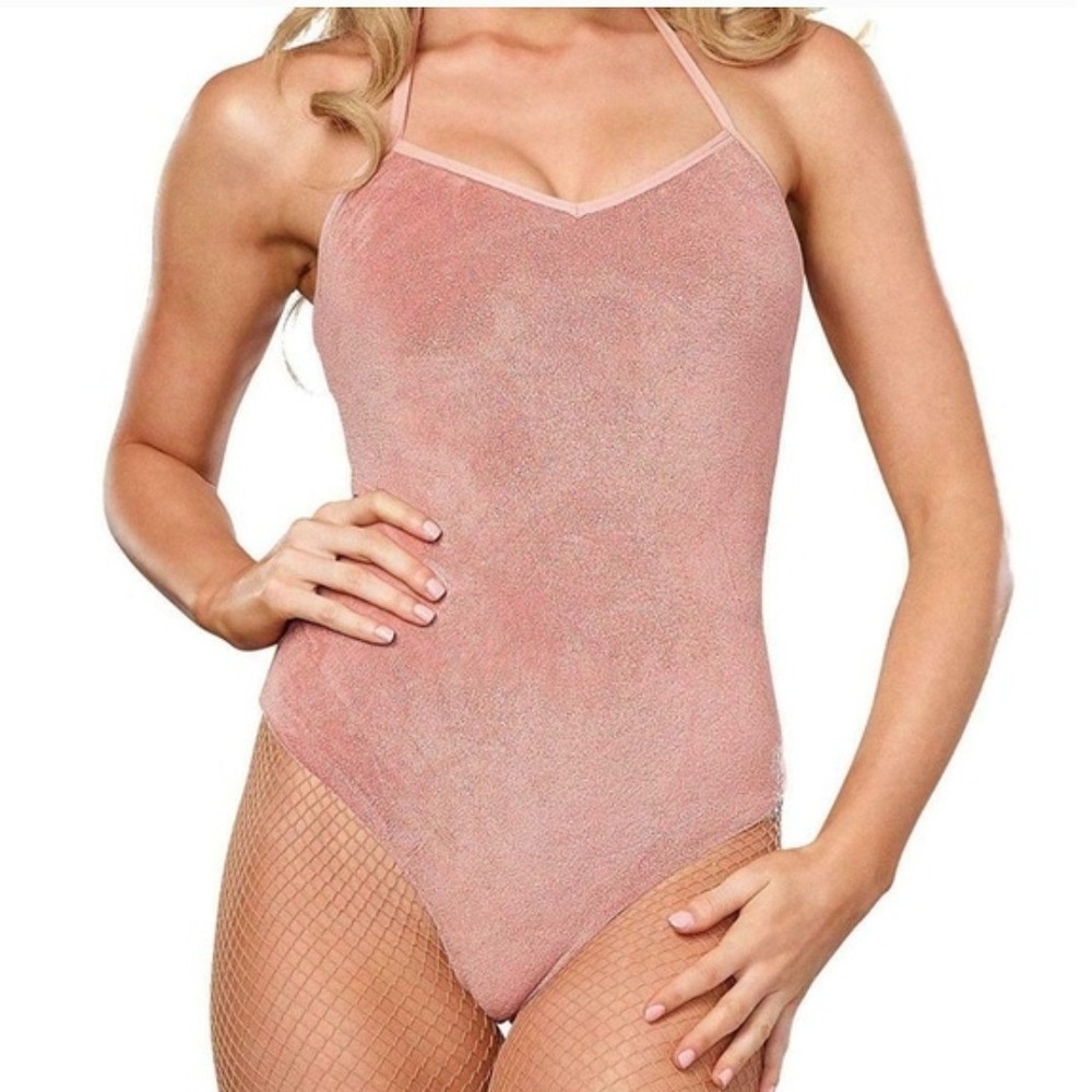 Dreamgirl Pink‎ Velour Halter Neck Thong Bodysuit Lingerie Size M/L Shimmer